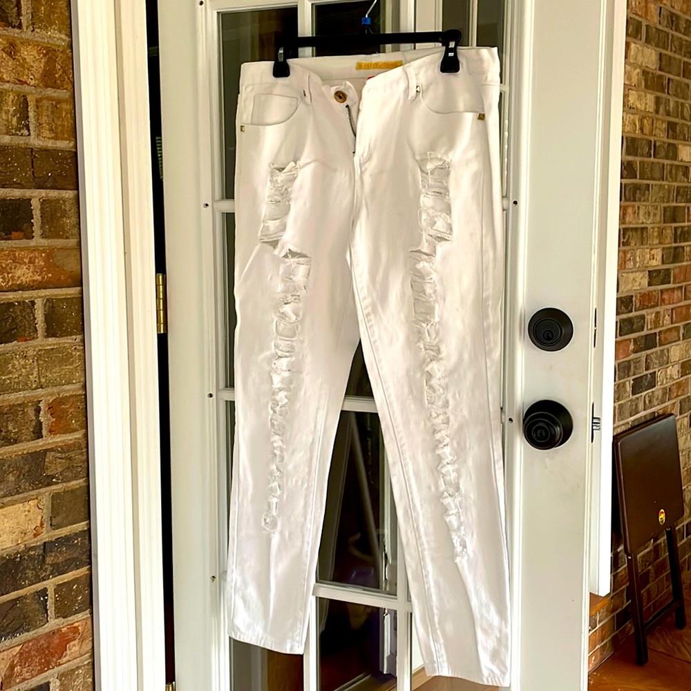 Ladies White Distressed Jeans